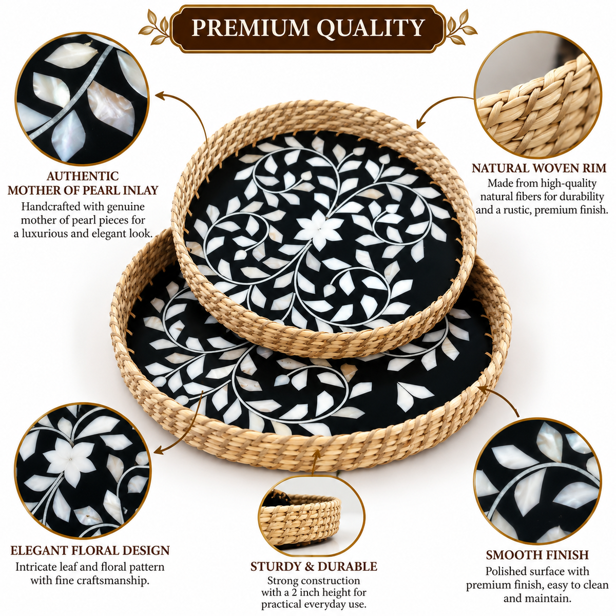 Handcrafted Mother of Pearl Round Black Tray Set of 2 | Woven Natural Rim Decorative Serving Trays for Home Décor, Jewellery Storage, Pooja & Gifting | 10 & 12 Inch