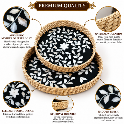Handcrafted Mother of Pearl Round Black Tray Set of 2 | Woven Natural Rim Decorative Serving Trays for Home Décor, Jewellery Storage, Pooja & Gifting | 10 & 12 Inch