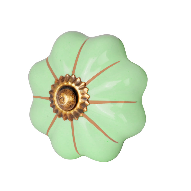 Handcrafted Green Gold Line Detailing Ceramic Drawer Knob | The Indian Aura
