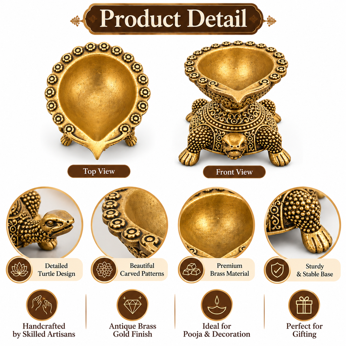 Handcrafted Antique Brass Turtle Diya for Pooja | Traditional Brass Tortoise Oil Lamp | Kachua Deepak for Mandir, Home Decor, Diwali & Vastu | The Indian Aura
