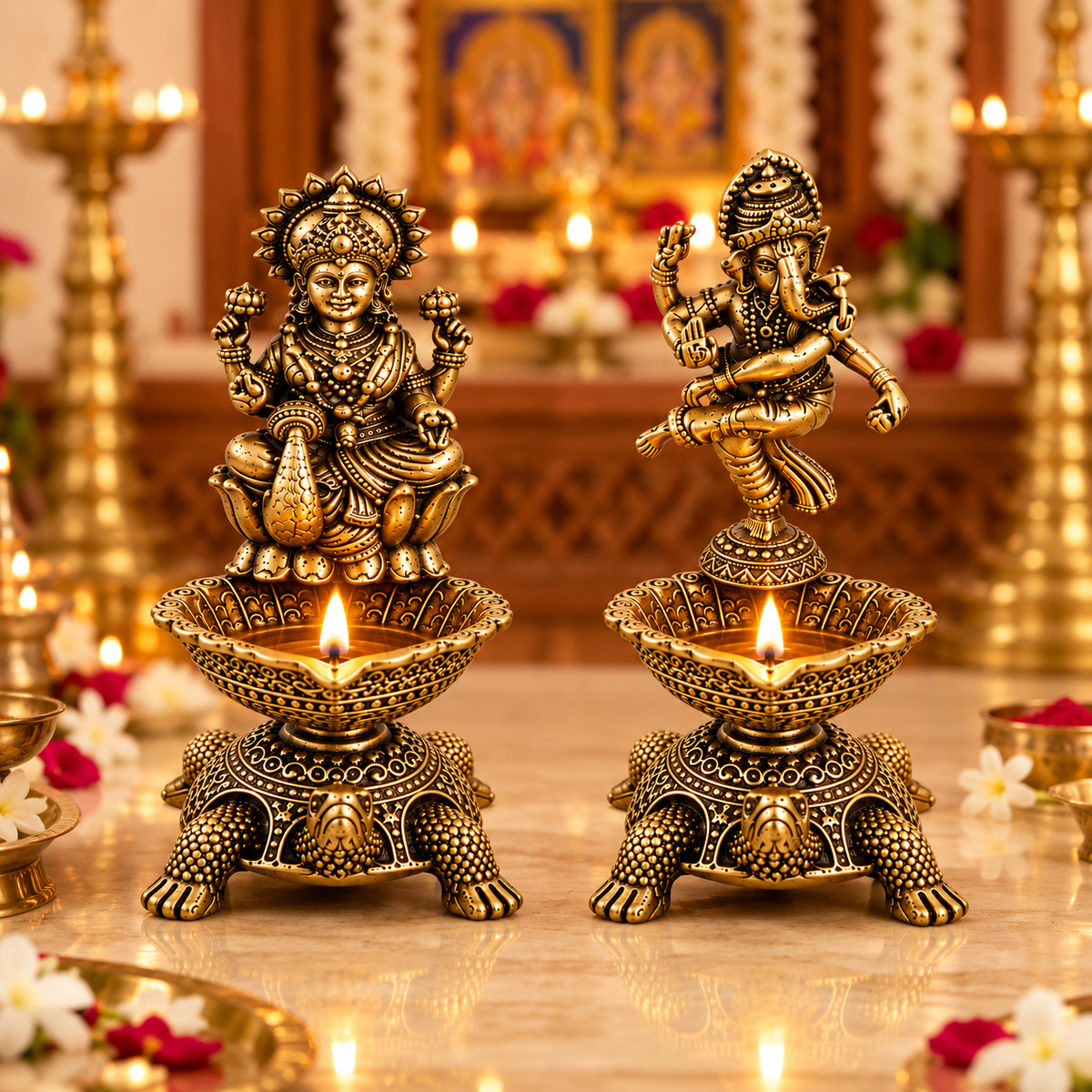 Pure Brass Laxmi Ganesha Pair Diya Oil Lamp Holder | Antique Gold Finish, Diya, Vastu Show piece, Puja Room Decor | The Indian Aura
