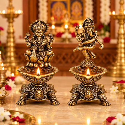 Pure Brass Laxmi Ganesha Pair Diya Oil Lamp Holder | Antique Gold Finish, Diya, Vastu Show piece, Puja Room Decor | The Indian Aura