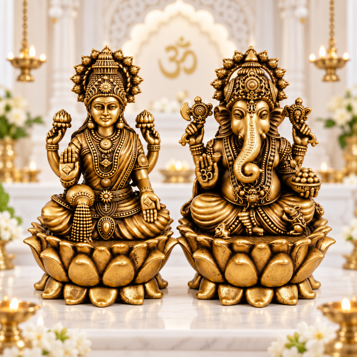 Antique Brass Laxmi Ganesh Idol Set for Home Temple, Pooja Room & Mandir | Handcrafted Laxmi Ganesh Statues for Home Décor & Office Desk | Diwali, Housewarming & Spiritual Gift | The Indian Aura