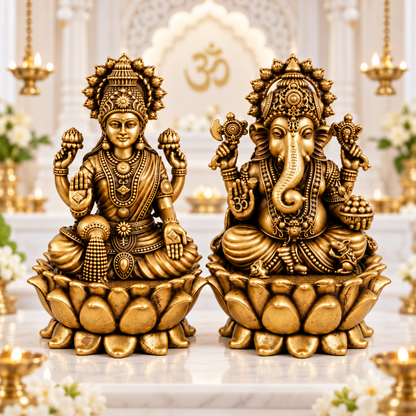 Antique Brass Laxmi Ganesh Idol Set for Home Temple, Pooja Room & Mandir | Handcrafted Laxmi Ganesh Statues for Home Décor & Office Desk | Diwali, Housewarming & Spiritual Gift | The Indian Aura