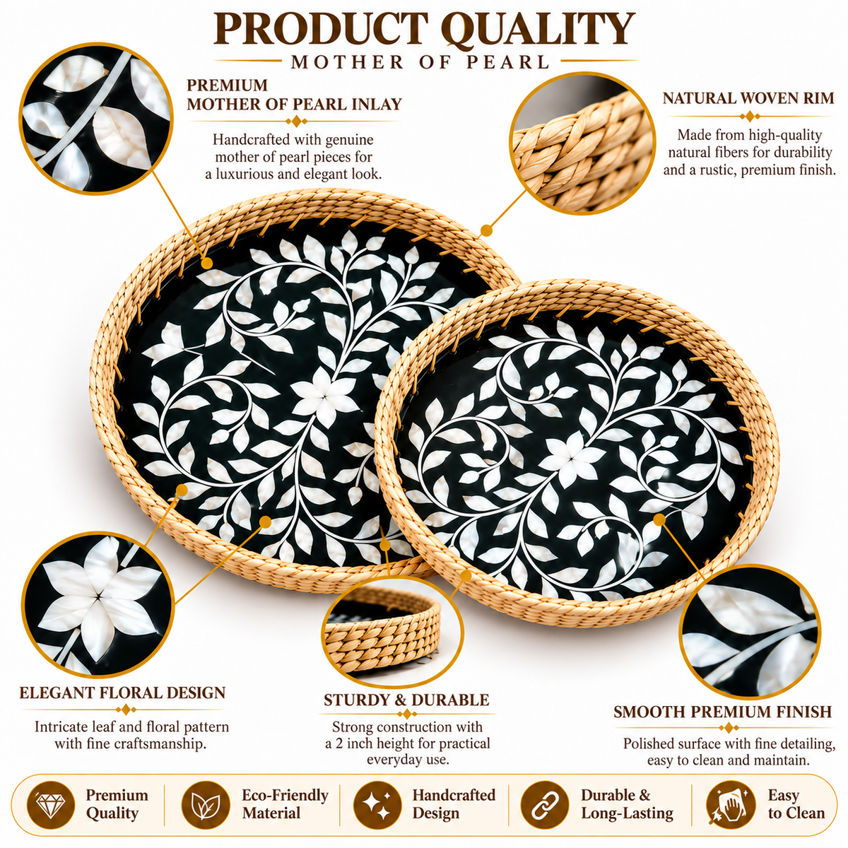 Handcrafted Mother of Pearl Round Black Tray Set of 2 | Woven Natural Rim Decorative Serving Trays for Home Décor, Jewellery Storage, Pooja & Gifting | 10 & 12 Inch