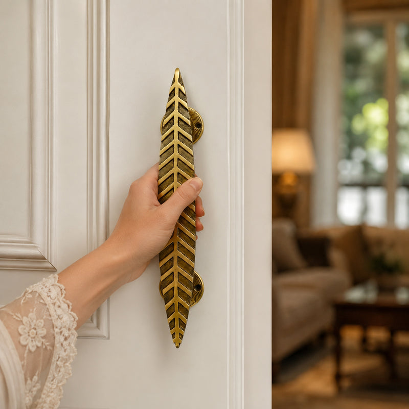Handcrafted Leaf Design Brass Door Handle for Main Door 12inch  – Antique Finish single set