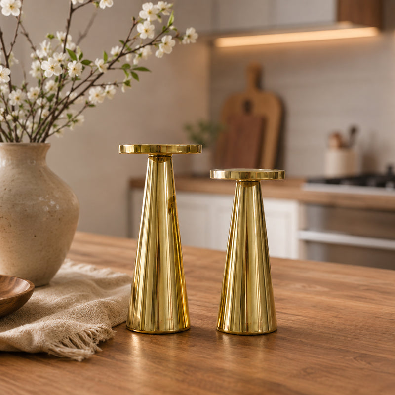 Gold Metal Pillar Candle Holder Stand Set of 2 | The Indian Aura