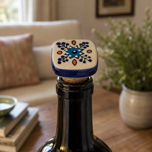 Ceramic Wine Bottle Stopper with Cork – Handcrafted Hand-Painted Reusable Wine Stopper, Airtight Bottle Sealer for Wine & Bar | Decorative Wine Saver, Ideal Gift for Wine Lovers, Made in India