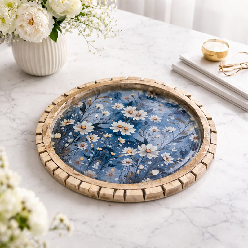 Rustic Round Wooden Floral Serving Tray with Resin Top – 30 cm Decorative Platter for Snacks & Tea