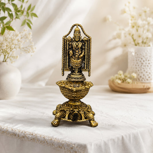 Brass Lord Venkateswara Diya with Turtle Base | Antique Finish, Pure Brass, 8.8cm Height, Pooja & Temple Decor, Deepam Oil Lamp