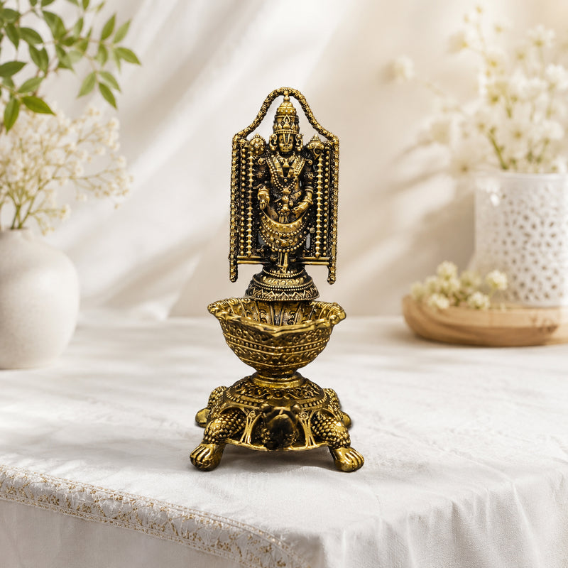 Brass Lord Venkateswara Diya with Turtle Base | Antique Finish, Pure Brass, 8.8cm Height, Pooja & Temple Decor, Deepam Oil Lamp