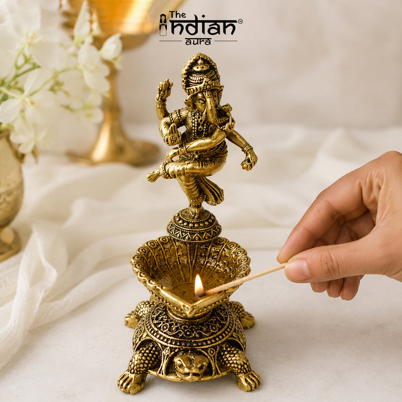 Pure Brass Dancing Ganesha Diya Oil Lamp Holder | Antique Gold Finish, Oil Lamp with Diya, Vastu Showpiece, Puja Room Decor
