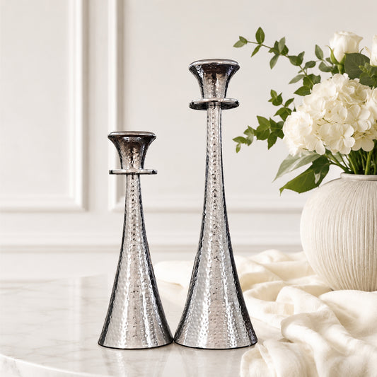 Hammered Silver Tapered Metal Candle Holder Stand Set of 2 | The Indian Aura