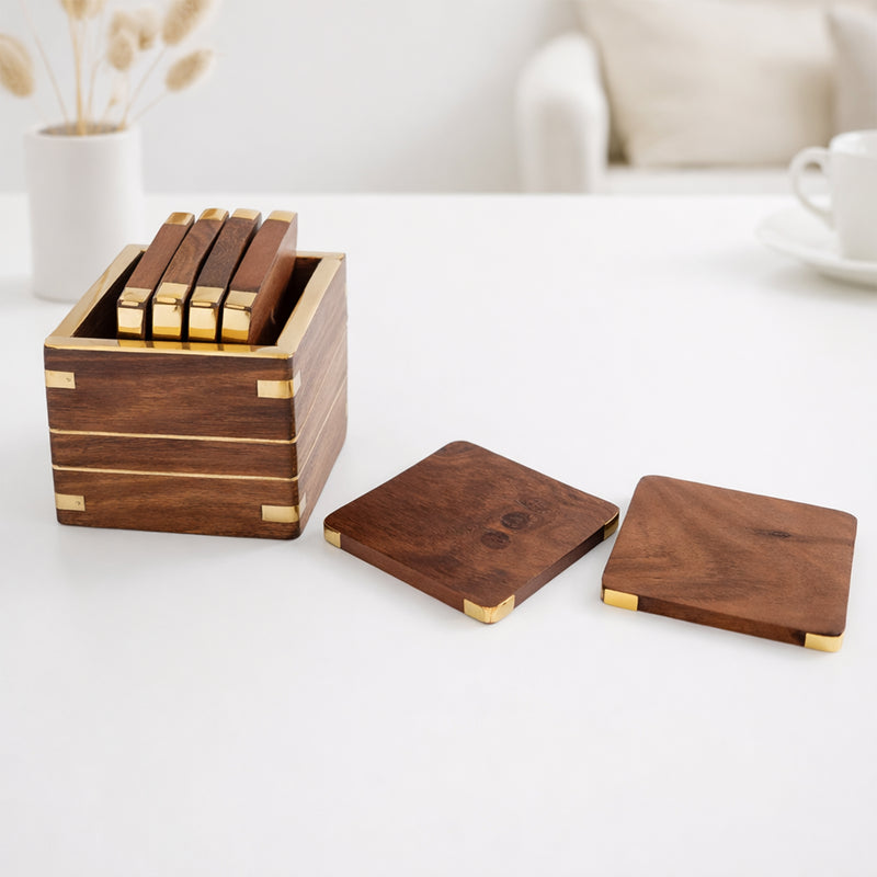 Handcrafted Sheesham Wood Box Coaster Set with Brass Corners – 3 Inch Square Coasters, Set of 6