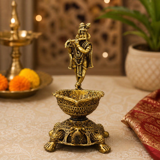 Brass Lord Venkateswara Diya with Turtle Base | Antique Finish, Pure Brass, 8.8cm Height, Pooja & Temple Decor, Deepam Oil Lamp (Copy)