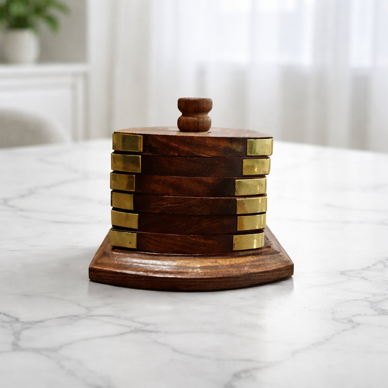 Handcrafted Sheesham Wood Square Coaster Set with Brass Corners – Set of 6 with Stand