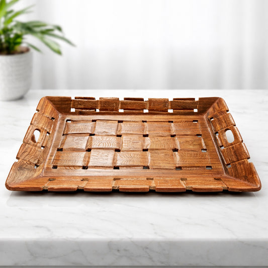 Sheesham Wood Serving Tray with Handles 36 cm | The Indian Aura