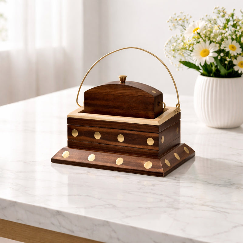 Handcrafted Sheesham Wood Coaster Set with Brass Corners & Holder – Set of 6, 2.5 Inch Drink Coasters for Tea & Coffee Cups