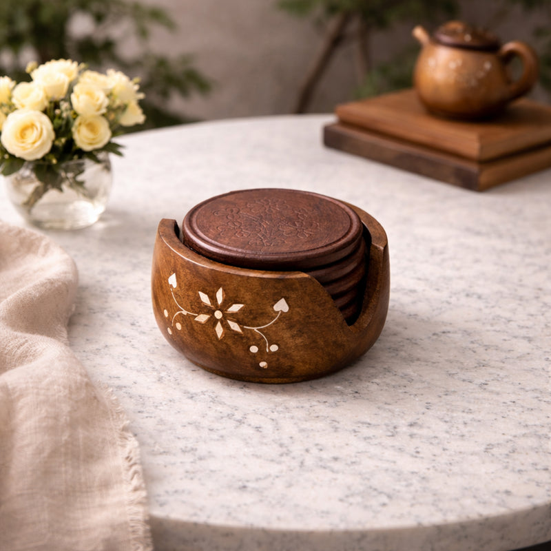 Handcrafted Wooden Coaster Set with Holder (7.8 cm) | Premium Tableware | The Indian Aura
