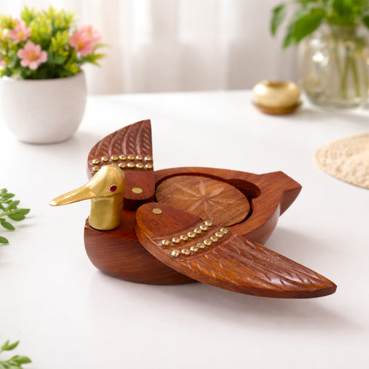 Duck Shaped Wooden Coaster Set with Holder – Handcrafted Sheesham Wood & Brass Tea Coasters for Cups, Mugs & Glasses, 8 Inch | Decorative Table Showpiece & Housewarming Gift