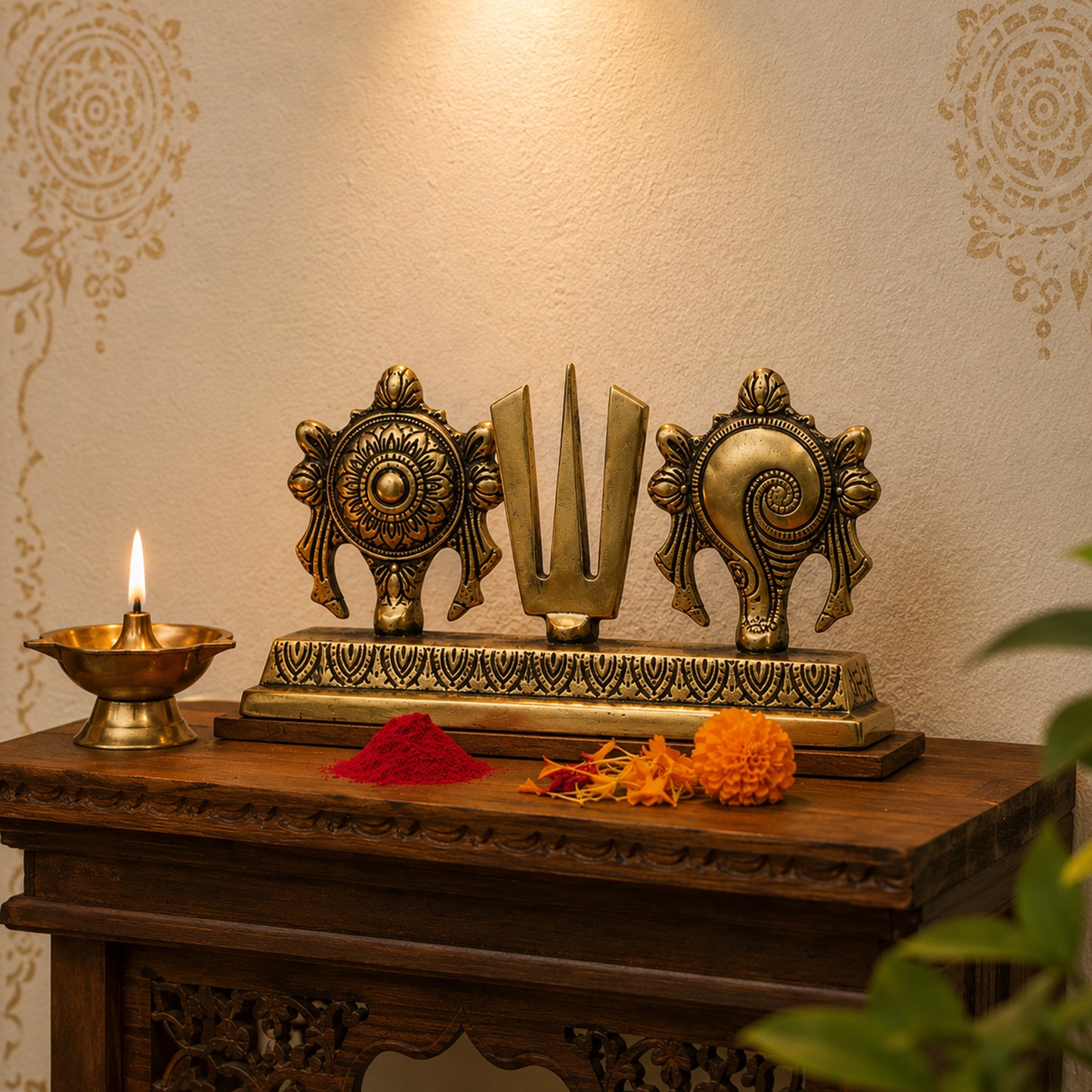 Brass Shankh Chakra Namam Statue with Stand | The Indian Aura