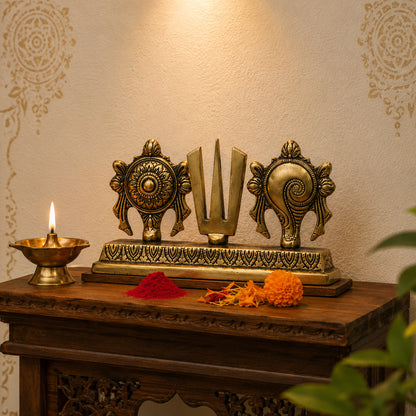 Brass Shankh Chakra Namam Statue with Stand | The Indian Aura