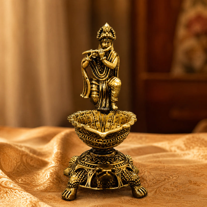 Brass Diya Oil Lamp with Turtle Base for Pooja Room, Mandir, Home Temple Décor & Spiritual Gift,Krishna Flute Player