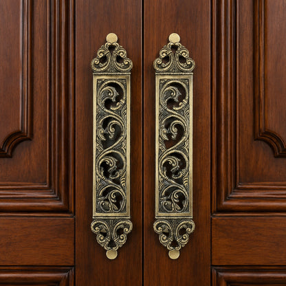 Brass Door Pull Handle for Main Door – Antique Finish Handmade Vintage Victorian Carved Filigree Design, 11 Inch / 28.7 cm Decorative Door Handle for Home,Hotel & Office Set-2