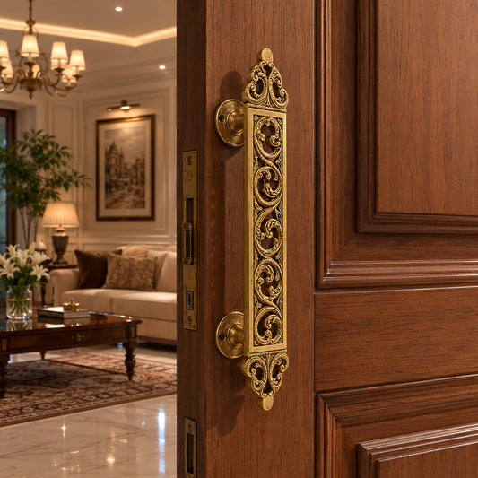 Brass Door Pull Handle for Main Door – Antique Finish Handmade Vintage Victorian Carved Filigree Design, 11 Inch / 28.7 cm Decorative Door Handle for Home, Hotel & Office Set-1