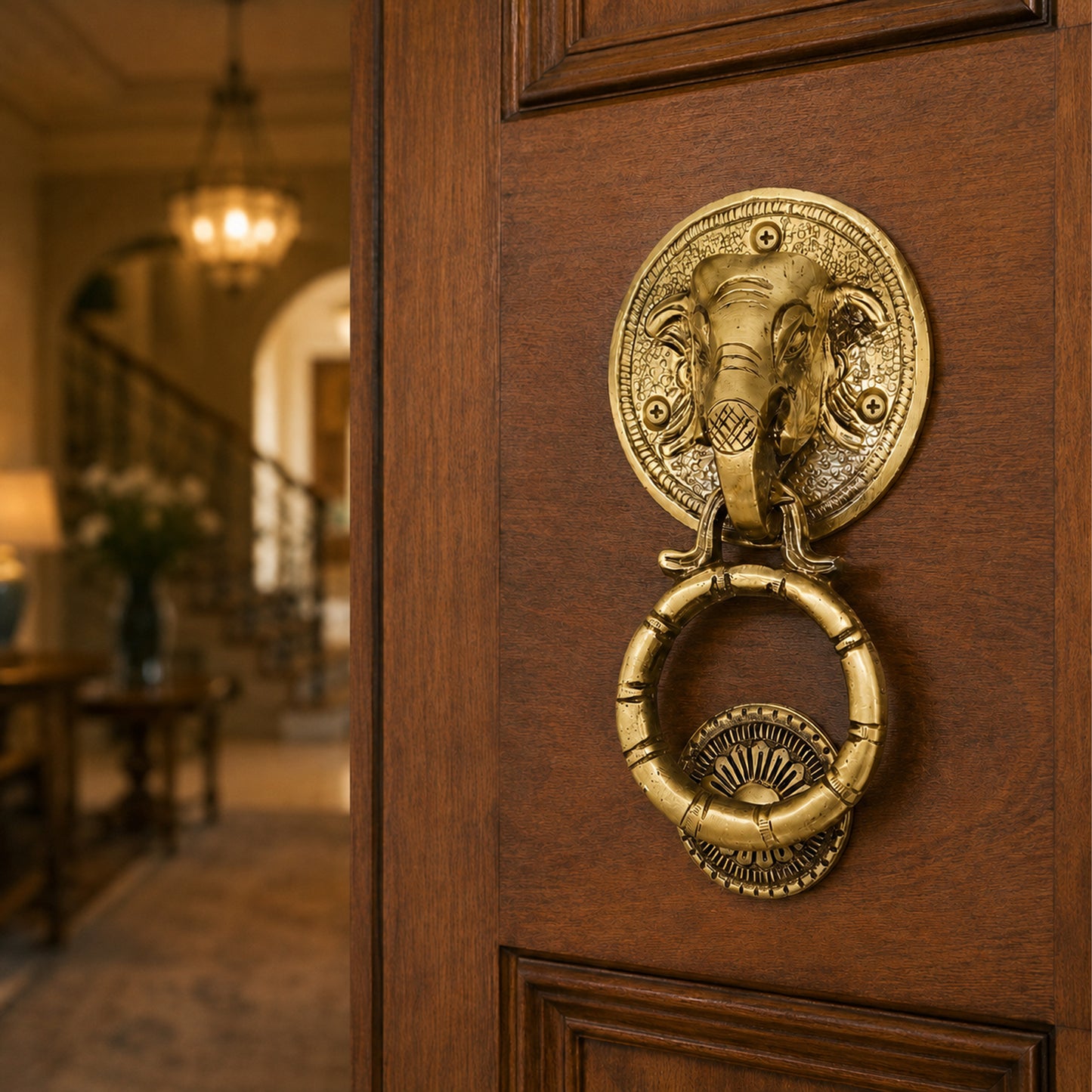 Handcrafted Elephant Head Brass Door Knocker – Antique Finish