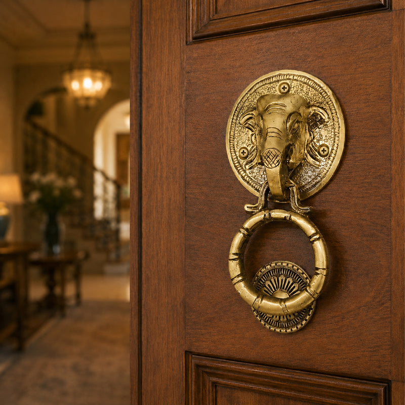 Handcrafted Elephant Head Brass Door Knocker – Antique Finish