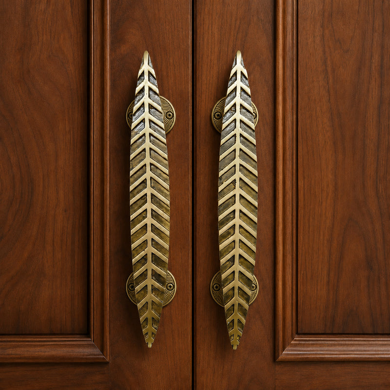 Handcrafted Leaf Design Brass Door Handle for Main Door 12inch  – Antique Finish Set-2