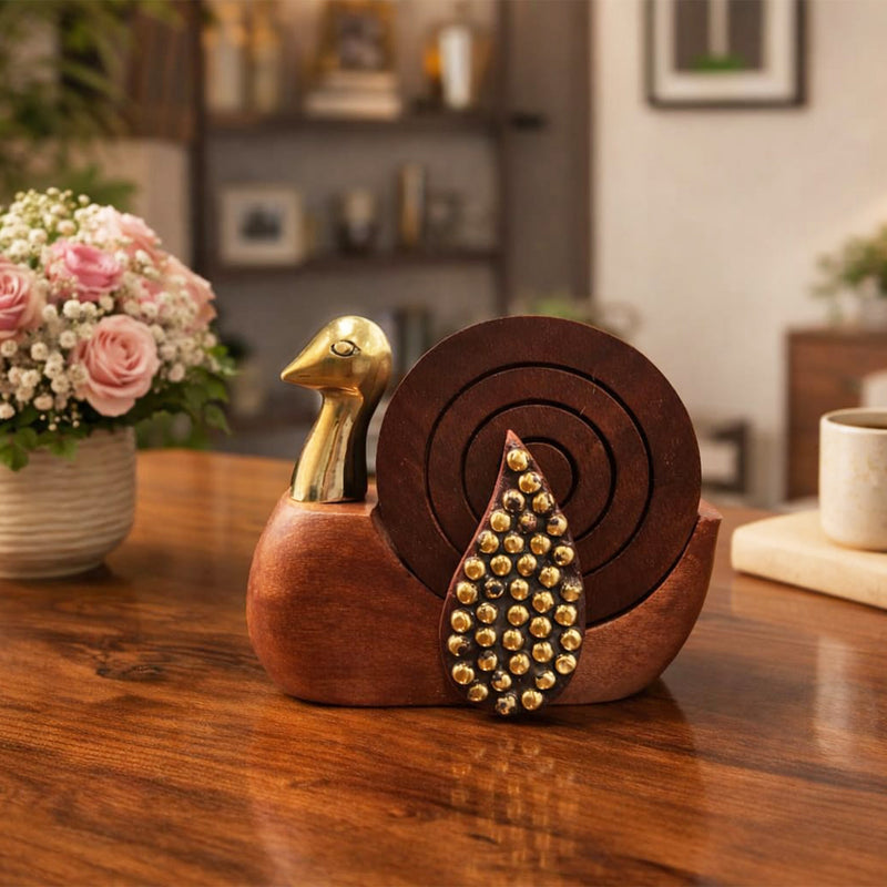 Handcrafted Sheesham Wood Peacock Coaster Set with Brass Accents & Holder – Round Tea & Coffee Coasters (Set of 6)