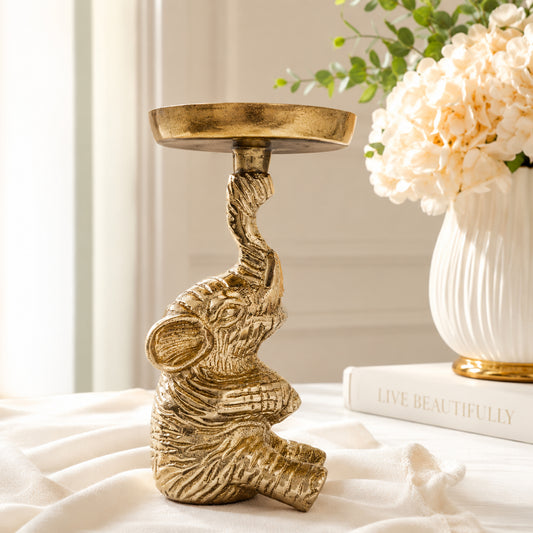 Gold Elephant Pillar Candle Holder Stand – 16 cm Decorative Metal T-Light Holder | The Indian Aura