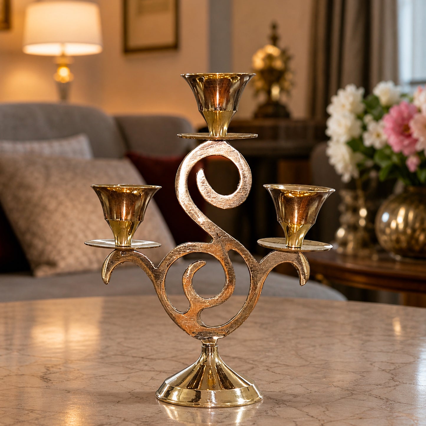 Brass Three Arm Candle Stand Antique Finish Decorative Candle Holder for Home Decor & Gifting| The Indian Aura