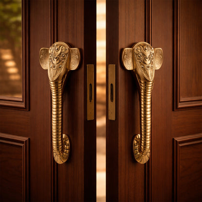 Ganesha Brass Door Handle with Golden Crown - Antique Dhanvantri Design Set of 2