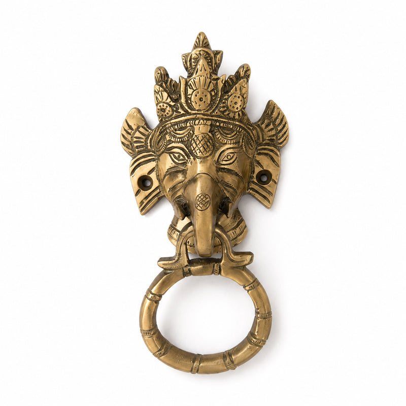 Lord Ganesha Brass Door Knocker for Main Door – Antique Finish Ganpati Vastu Face with Ring, 6.5 Inch Ethnic Indian Elephant Design | Auspicious Entrance Decor & Housewarming Gift