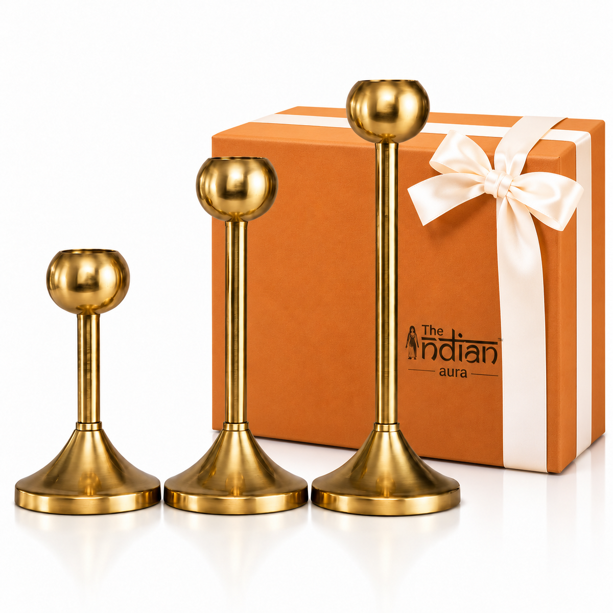 The Indian Aura Modern Gold Metal Taper Candle Holder Stand Set of 3 | Elegant Decorative Candle Stands in Graduated Heights | Luxury Gift for Diwali, Housewarming, Wedding, Anniversary, Corporate Gifting & Festive Occasions