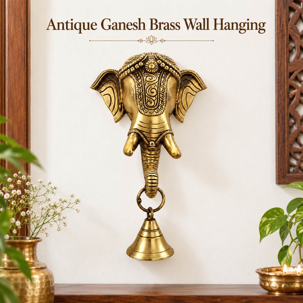 Antique Gold Pure Brass Ganesh Wall Hanging with Decorative Bell for Divine Home Décor | The Indian Aura