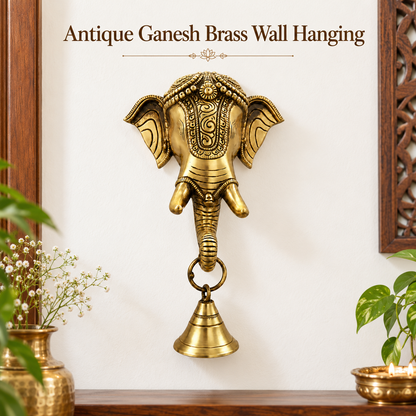 Antique Gold Pure Brass Ganesh Wall Hanging with Decorative Bell for Divine Home Décor | The Indian Aura