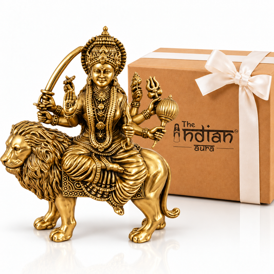 Antique Brass Maa Durga Idol for Gifting | Handcrafted Goddess Durga Statue for Housewarming, Wedding, Navratri, Diwali & Festive Gifts | Spiritual Gift for Family & Loved Ones | The Indian Aura