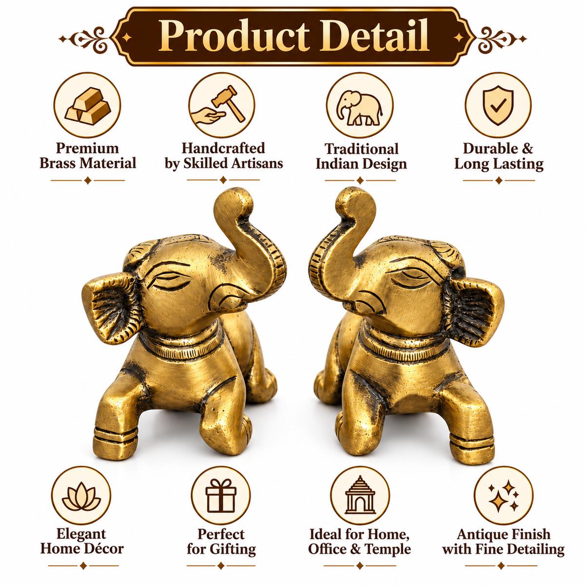 Handcrafted Antique Brass Elephant Statue Pair 2.3 Inch | Golden Elephant Showpiece for Home Decor & Gifting | The Indian Aura
