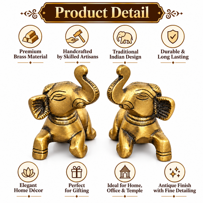 Handcrafted Antique Brass Elephant Statue Pair 2.3 Inch | Golden Elephant Showpiece for Home Decor & Gifting | The Indian Aura