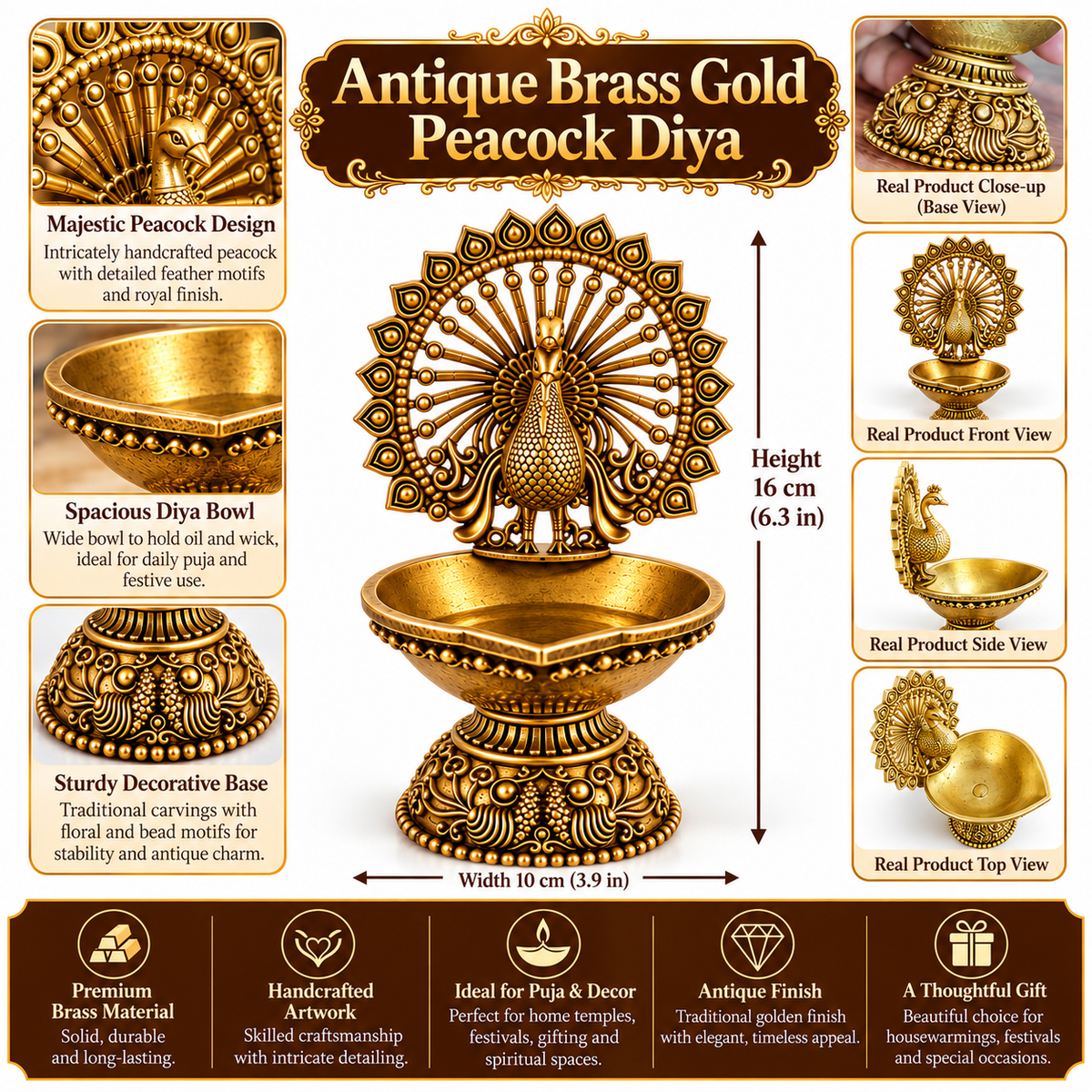 Antique Brass Peacock Diya  for Pooja Room, Mandir & Home Temple Décor | Traditional Oil Lamp for Diwali, Puja & Gifting| The Indian Aura