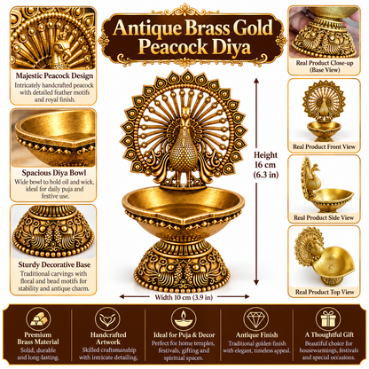 Antique Brass Peacock Diya  for Pooja Room, Mandir & Home Temple Décor | Traditional Oil Lamp for Diwali, Puja & Gifting| The Indian Aura