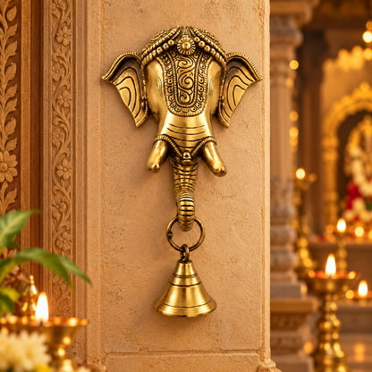 Antique Gold Pure Brass Ganesh Wall Hanging with Decorative Bell for Divine Home Décor | The Indian Aura