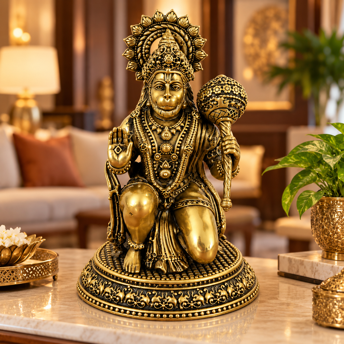 Antique Brass Hanuman Idol for Home Temple & Pooja Room | Handcrafted Lord Hanuman Statue for Home Décor, Office, Mandir & Gifting | The Indian Aura
