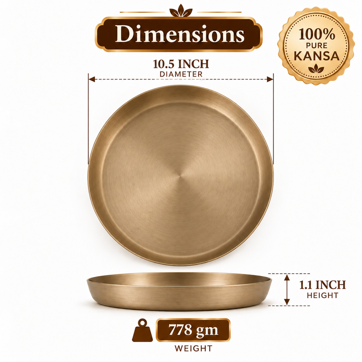 Pure Kansa Thali Matte Finish 10.5 Inch for Gifting – Premium Traditional Indian Bronze Dinner Plate | Available in Single & Pair | Elegant Gift for Weddings, Housewarming, Diwali, Anniversaries & Festive Occasions