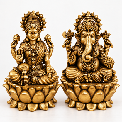 Antique Brass Laxmi Ganesh Idol Set for Home Temple, Pooja Room & Mandir | Handcrafted Laxmi Ganesh Statues for Home Décor & Office Desk | Diwali, Housewarming & Spiritual Gift | The Indian Aura