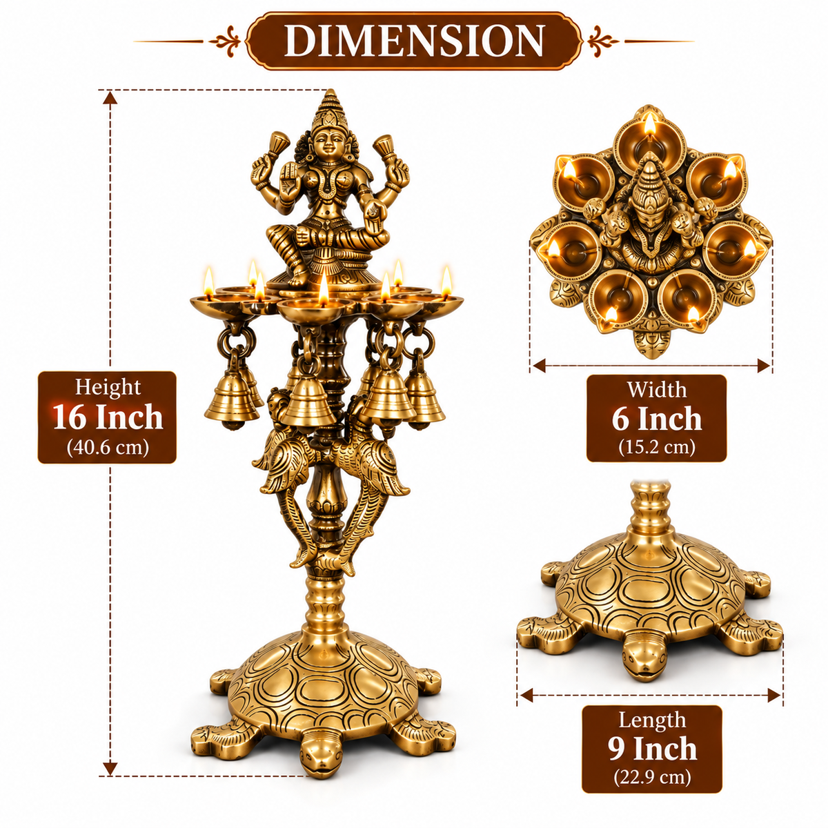 Brass Laxmi Diya Stand with 7 Oil Holders | Antique Finish Pooja Lamp with Hanging Bells, Peacock Design & Tortoise Base for Home Temple, Decor & Gifting | The Indian Aura